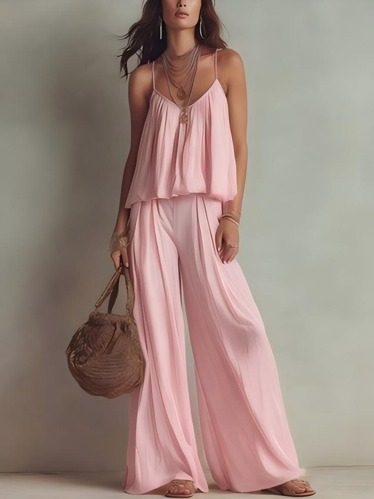 French Square-Neck Cami & Wide-Leg Pants Two-Piece Set