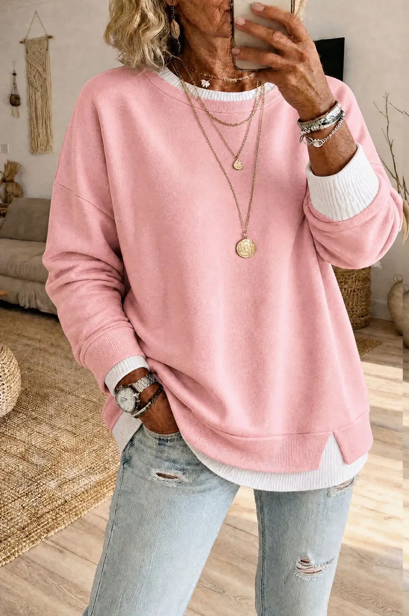 Faux Two-Piece Ribbed Split-Neck Long-Sleeve Pullover Sweatshirt for Women