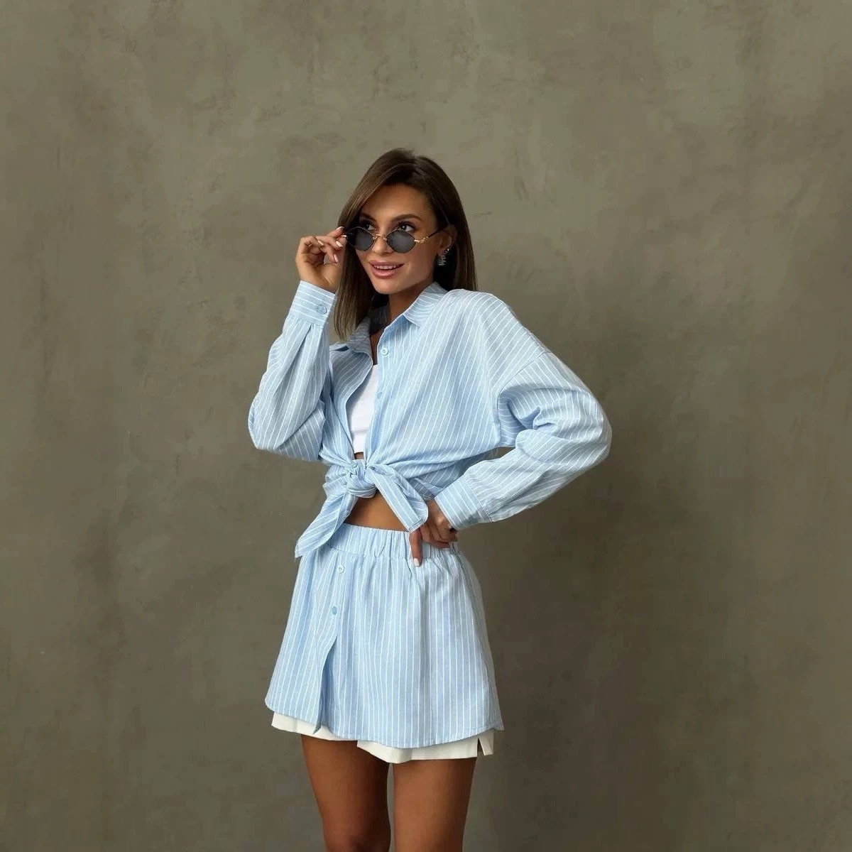 Striped Long Sleeve Shirt and High-Waist Shorts Two-Piece Set