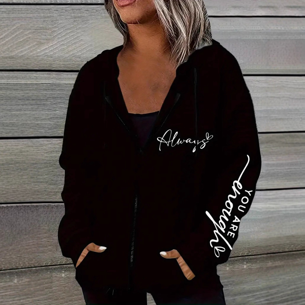 Letter Print Zip-Up Hooded Sweatshirt Jacket for Women