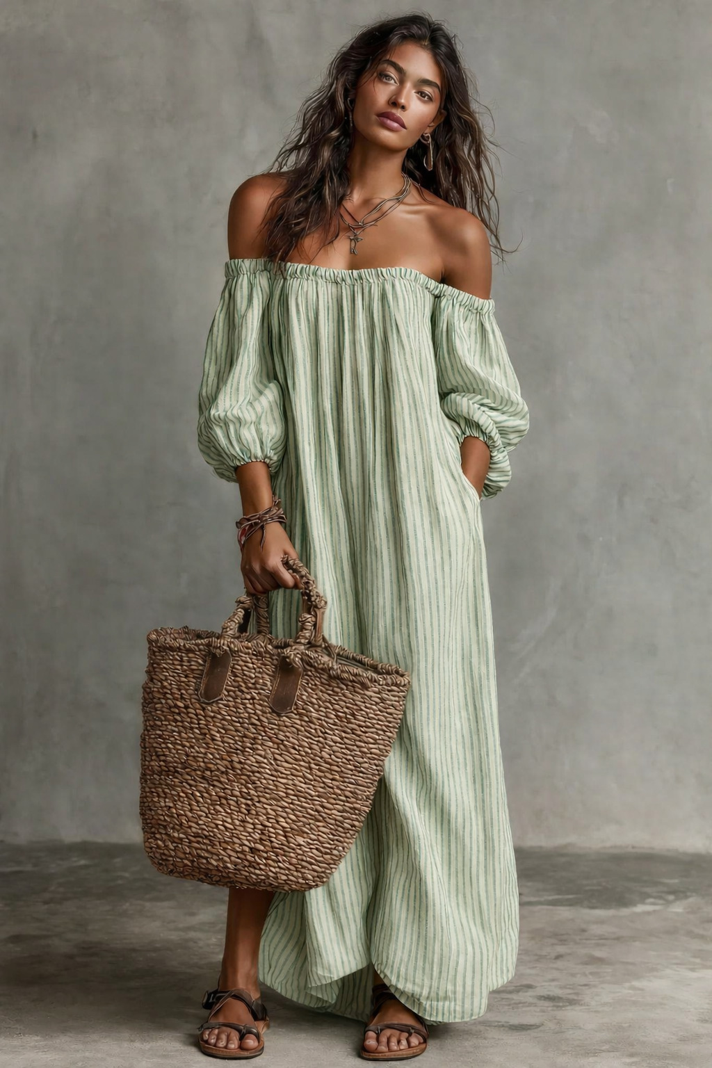 Striped Off-Shoulder Cotton-Linen Maxi Dress