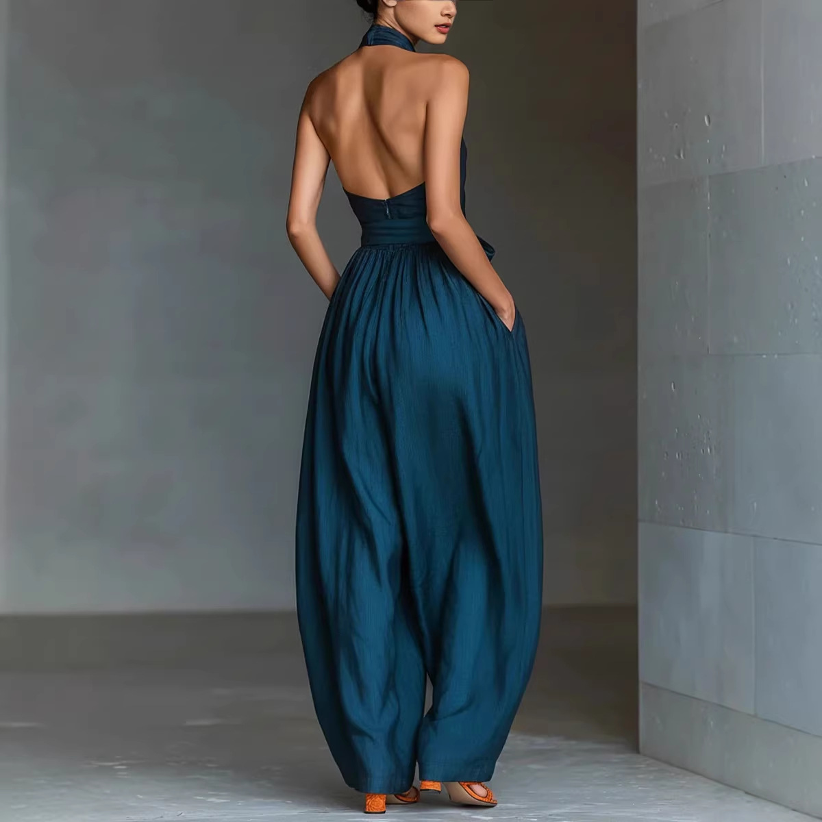 Sleeveless Halter Tie Solid Color Pocket Jumpsuit Long Pants