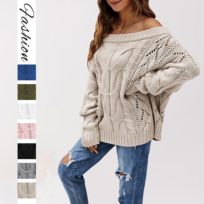 Off-Shoulder Plus Size Loose Knit Sweater Women's Solid Color Pullover