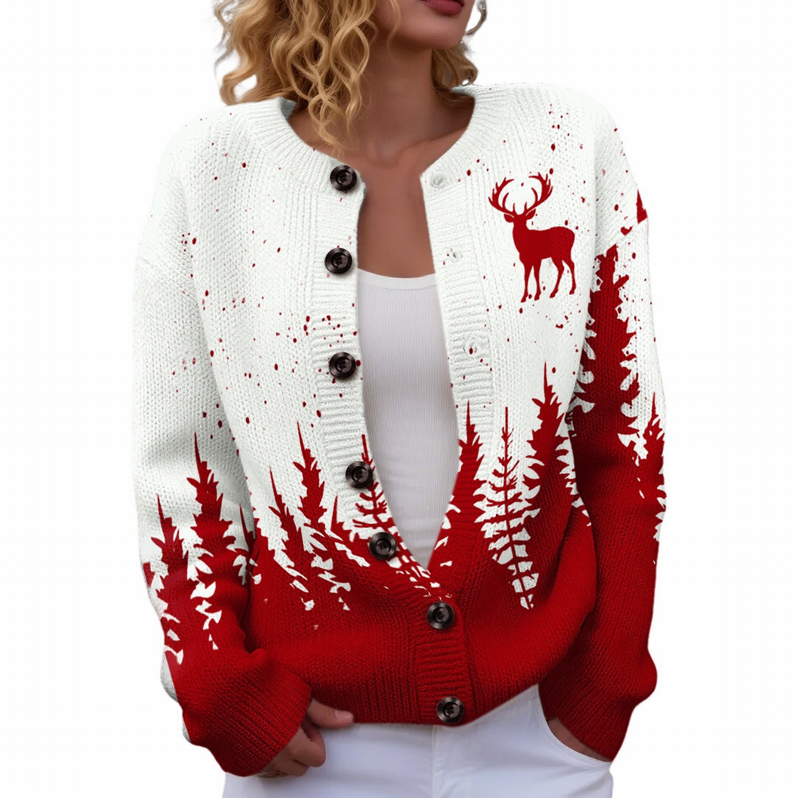 Women's Christmas Reindeer Forest Print Button Cardigan Sweater