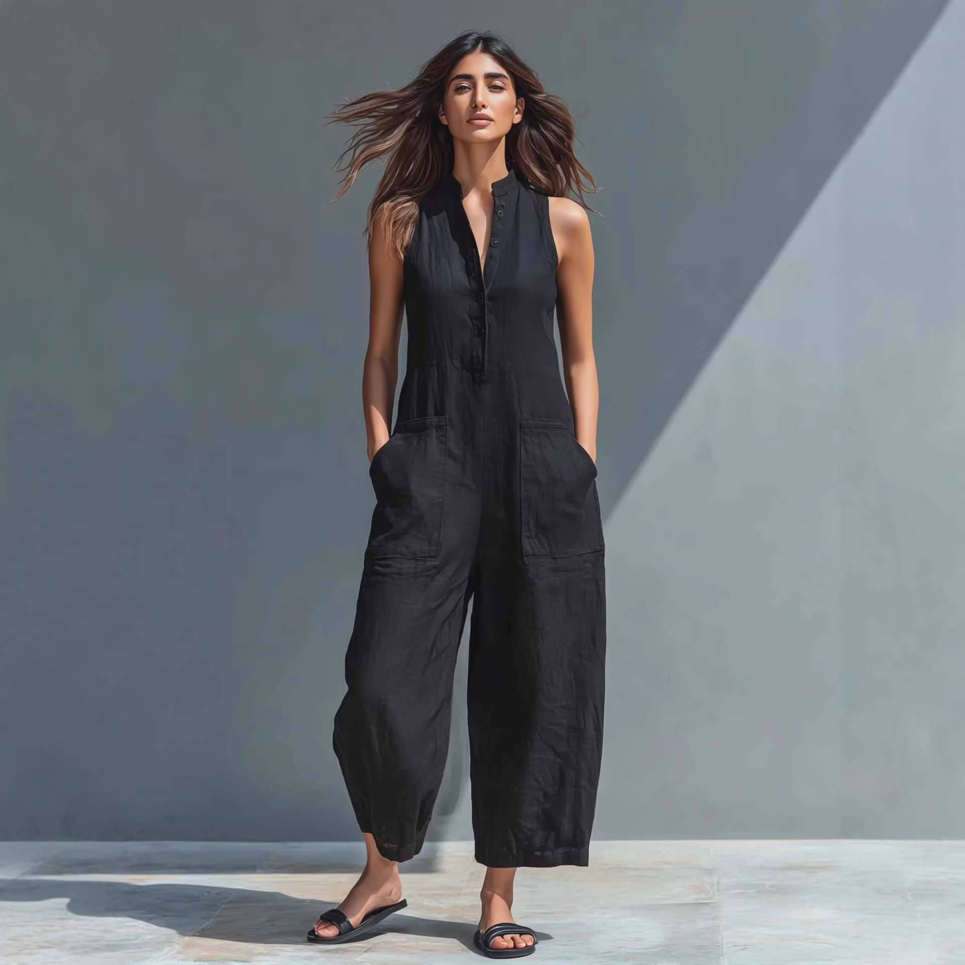 Women's Casual Sleeveless Button-Front Wide-Leg Jumpsuit