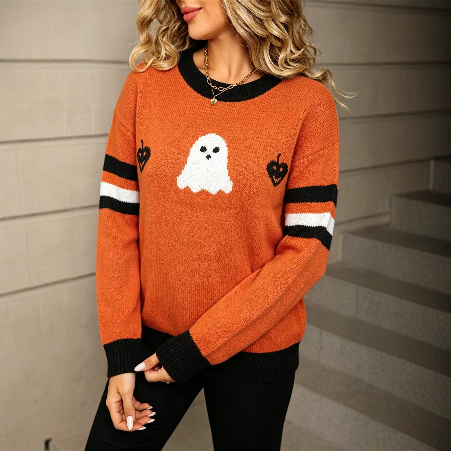 Halloween Ghost Pumpkin Pullover Sweater Orange Plus Size