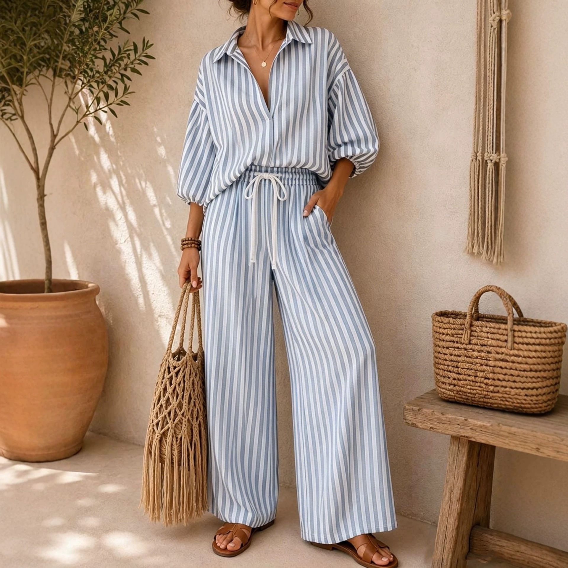 Striped Long Sleeve Shirt and Loose Pants Two-Piece Set