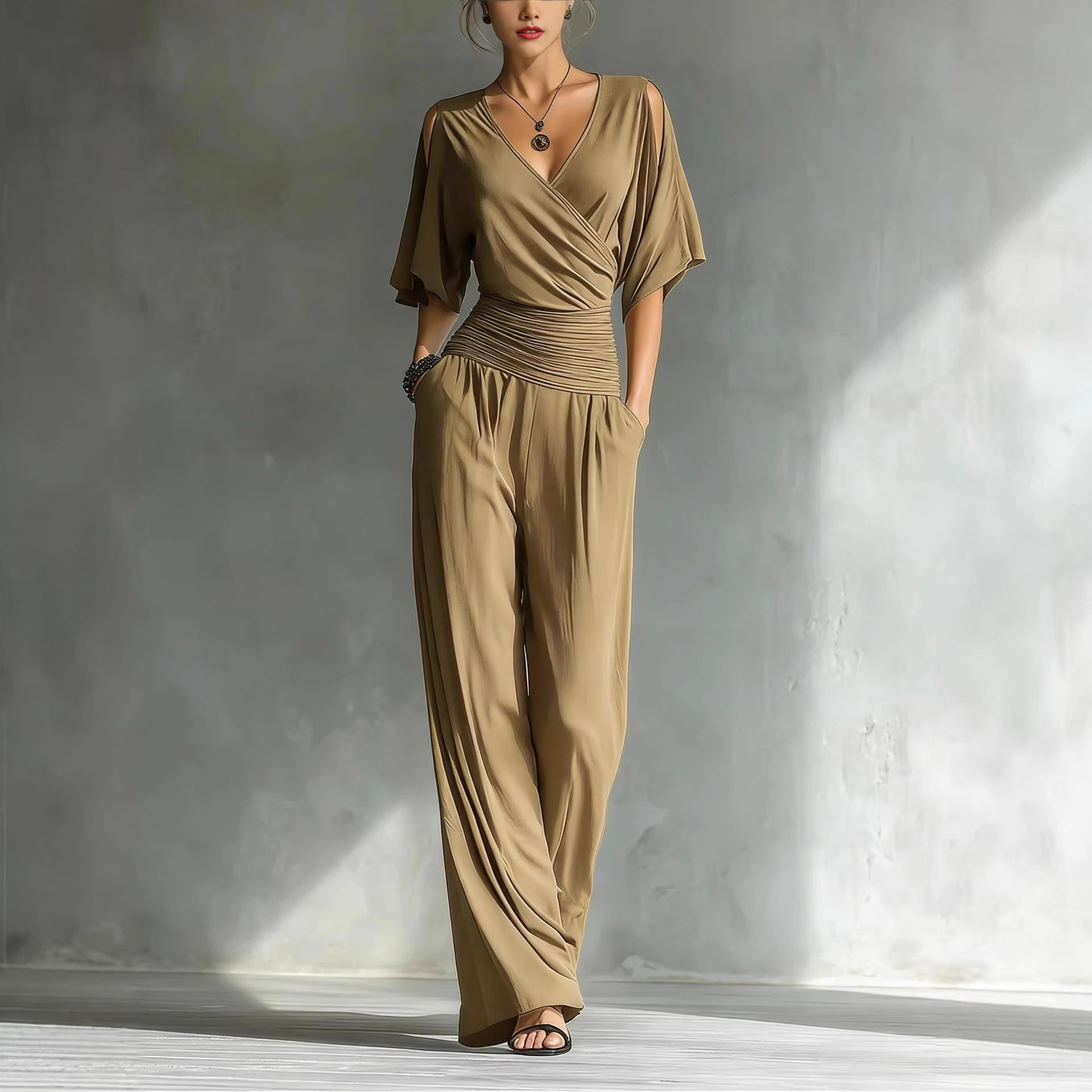 Women's Cold-Shoulder V-Neck Slim Jumpsuit