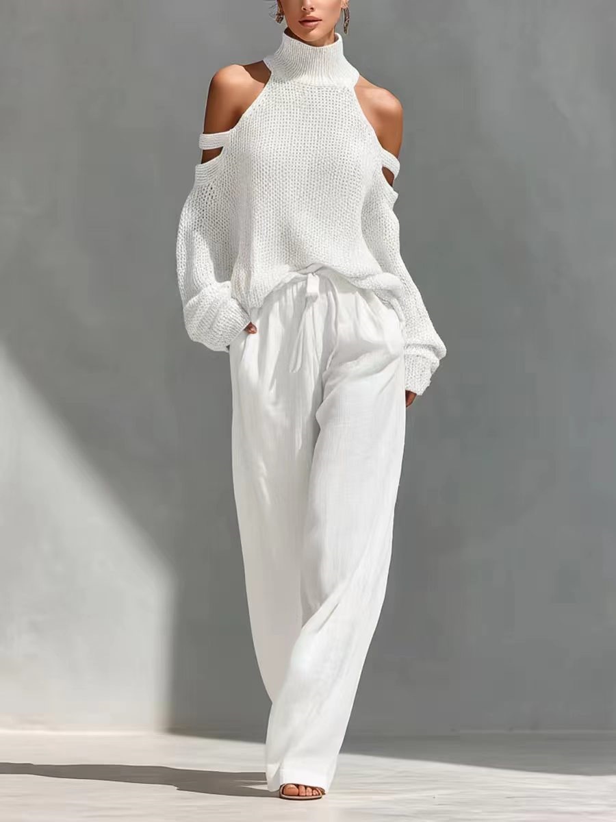 Women's Solid Color Long Sleeve High Neck Top and Pants Two-Piece Set
