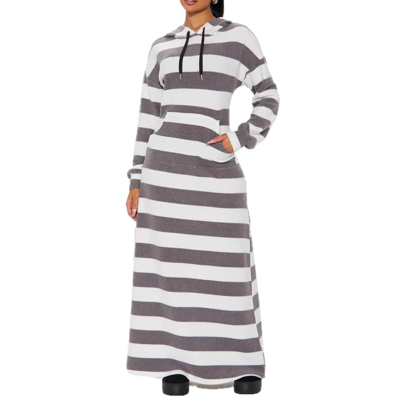 Women's Striped Long Hoodie Dress with Drawstring