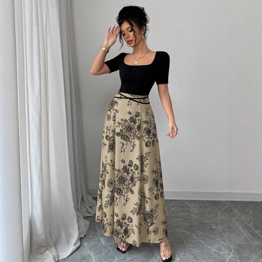 Women's Floral Print Short Sleeve Square Neck Tie Midi Dress