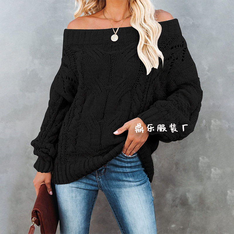 Off-Shoulder Loose Knit Pullover Sweater Solid Color