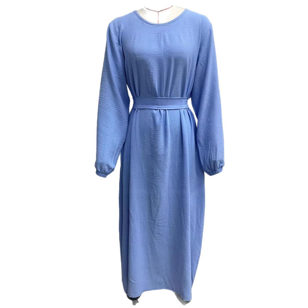 Women's Puff Sleeve Solid Color Long Dress with Tie Belt
