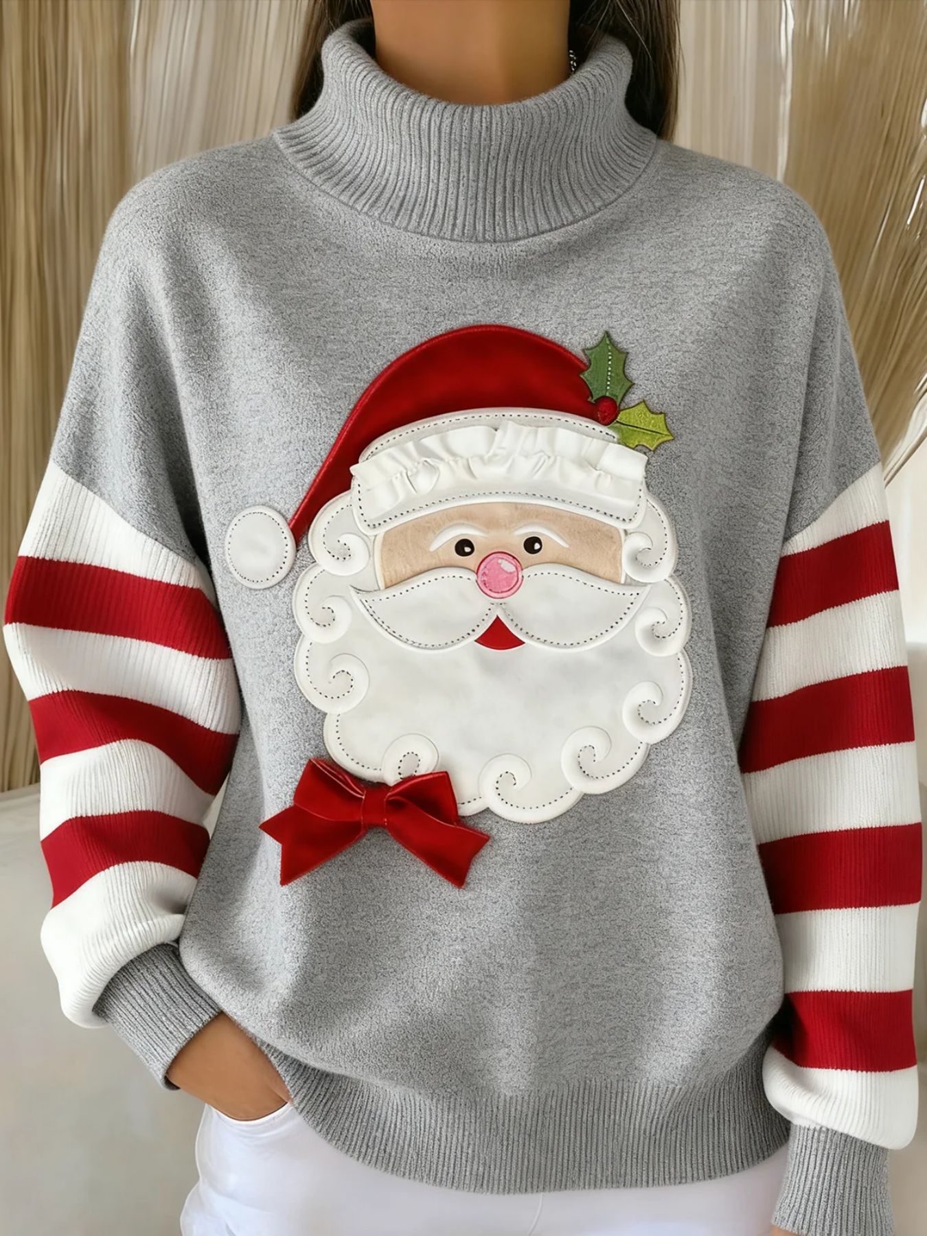 Women's Christmas Santa Striped Print Turtleneck Sweater