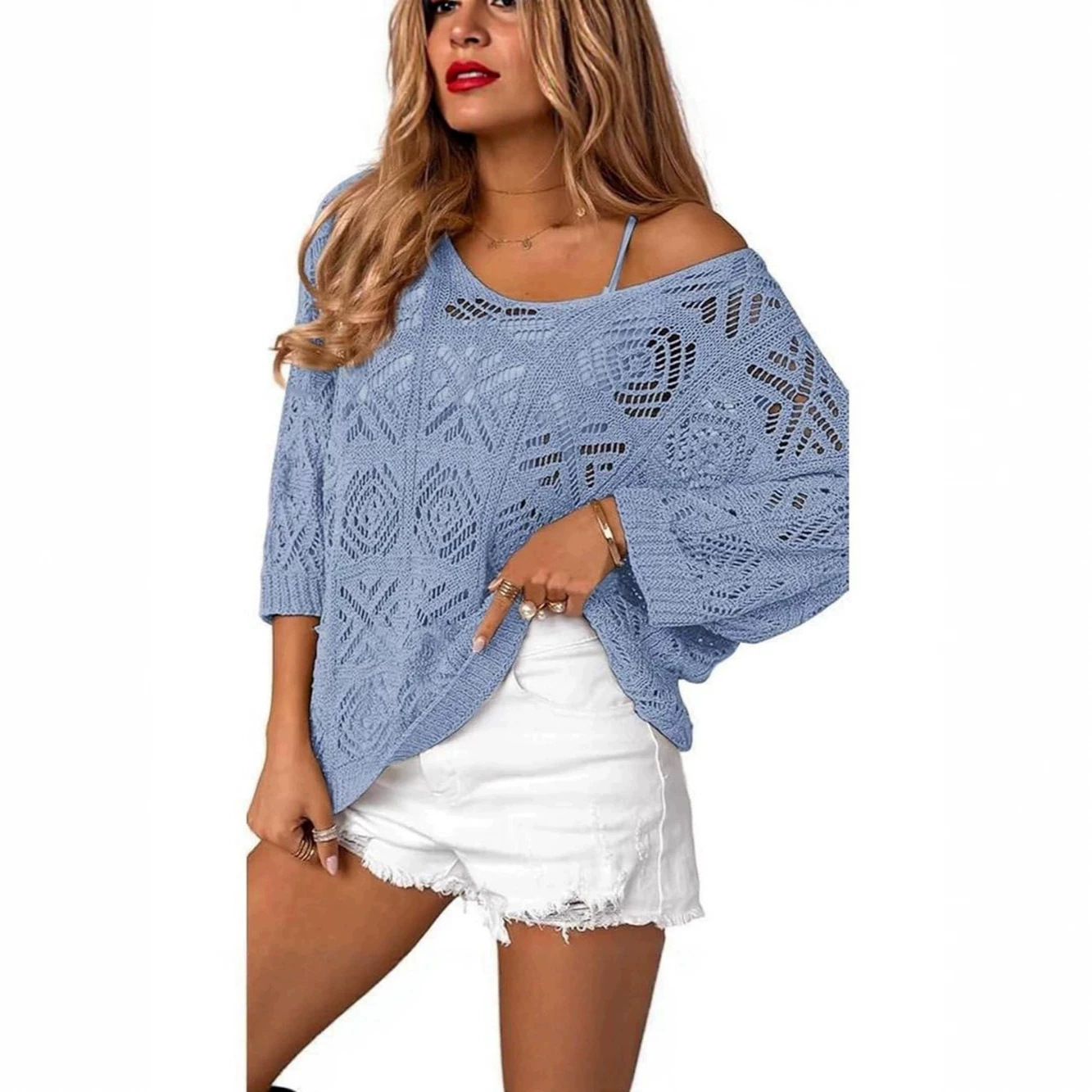 V-Neck Diamond Crochet Hollow-Out Knit Top with Dolman Sleeves