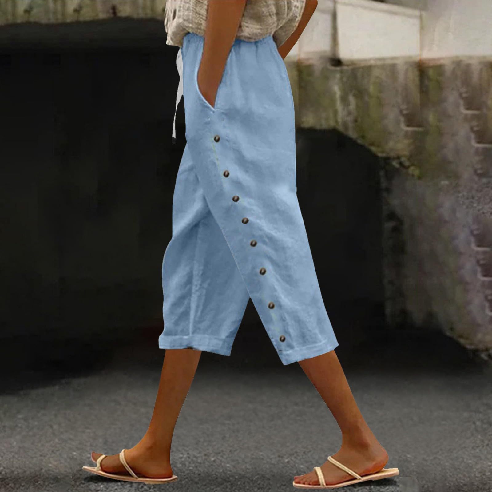 Women's Cotton-Linen Blend Cropped Pants with Elastic Waist, Breathable Straight-Leg