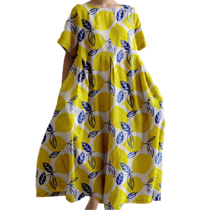 Women's Summer Short Sleeve Digital Print Round Neck Long Dress