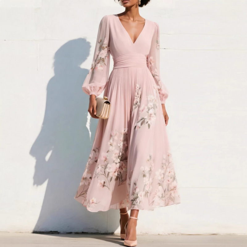 Floral Print Long Sleeve V-Neck Pleated Maxi Dress