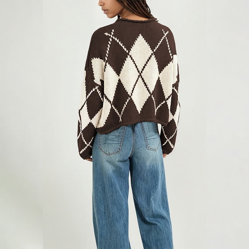 Women's Color-Block Diamond Knit Sweater, Loose Crewneck Pullover