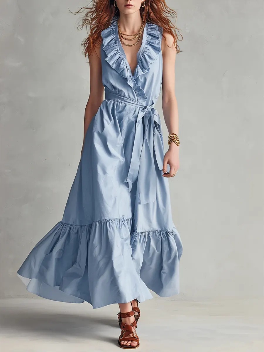Solid V-Neck Sleeveless Lace-Up Ruffle Long Dress