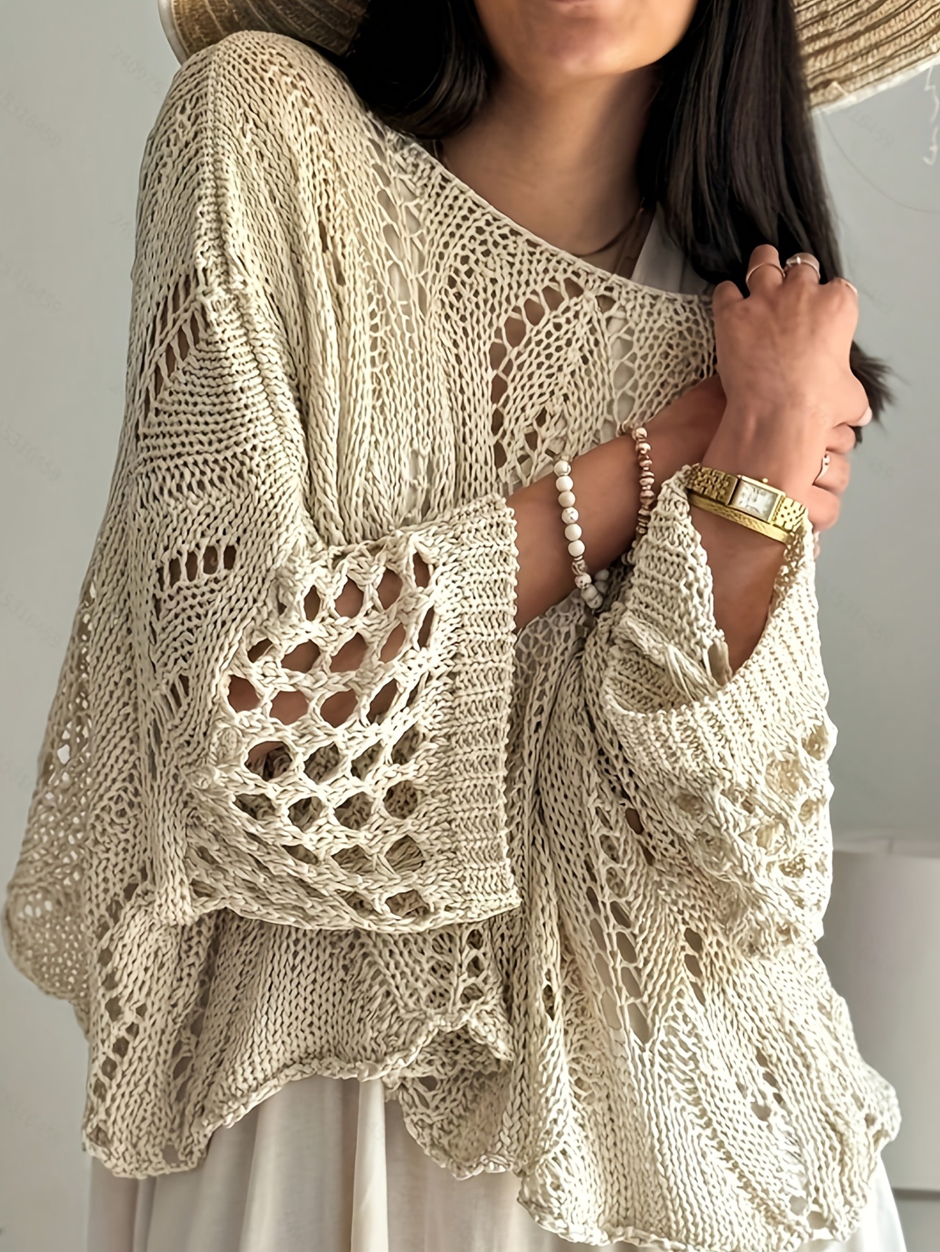 Women's Off-Shoulder Hollow-Out Knit Sweater Pullover