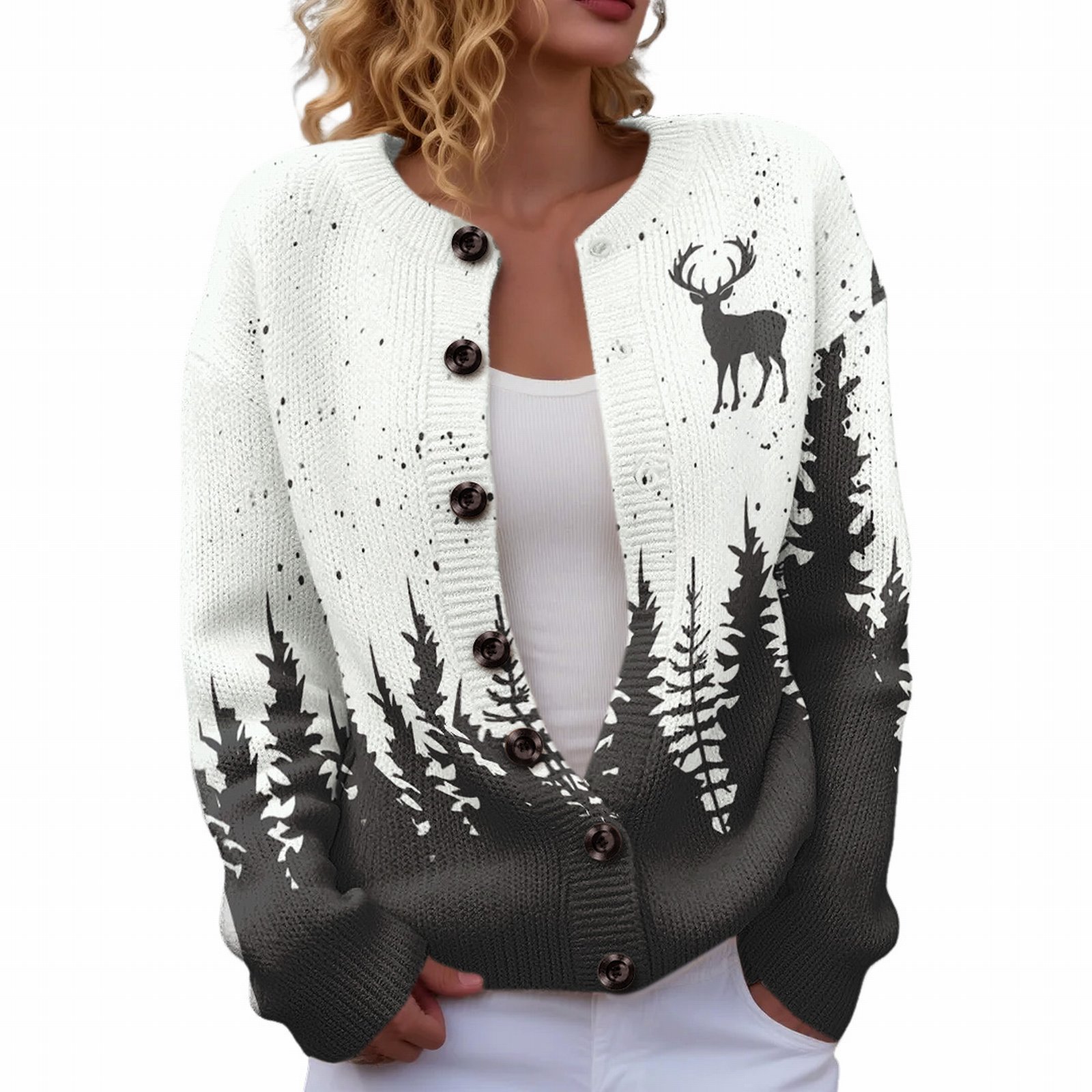 Women's Christmas Reindeer Forest Print Button Cardigan Sweater