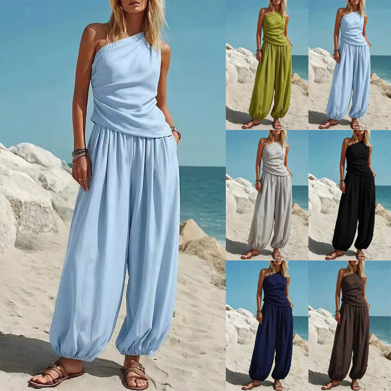 Women's Sleeveless Tank Top and High-Waist Pants Set Solid Color Casual