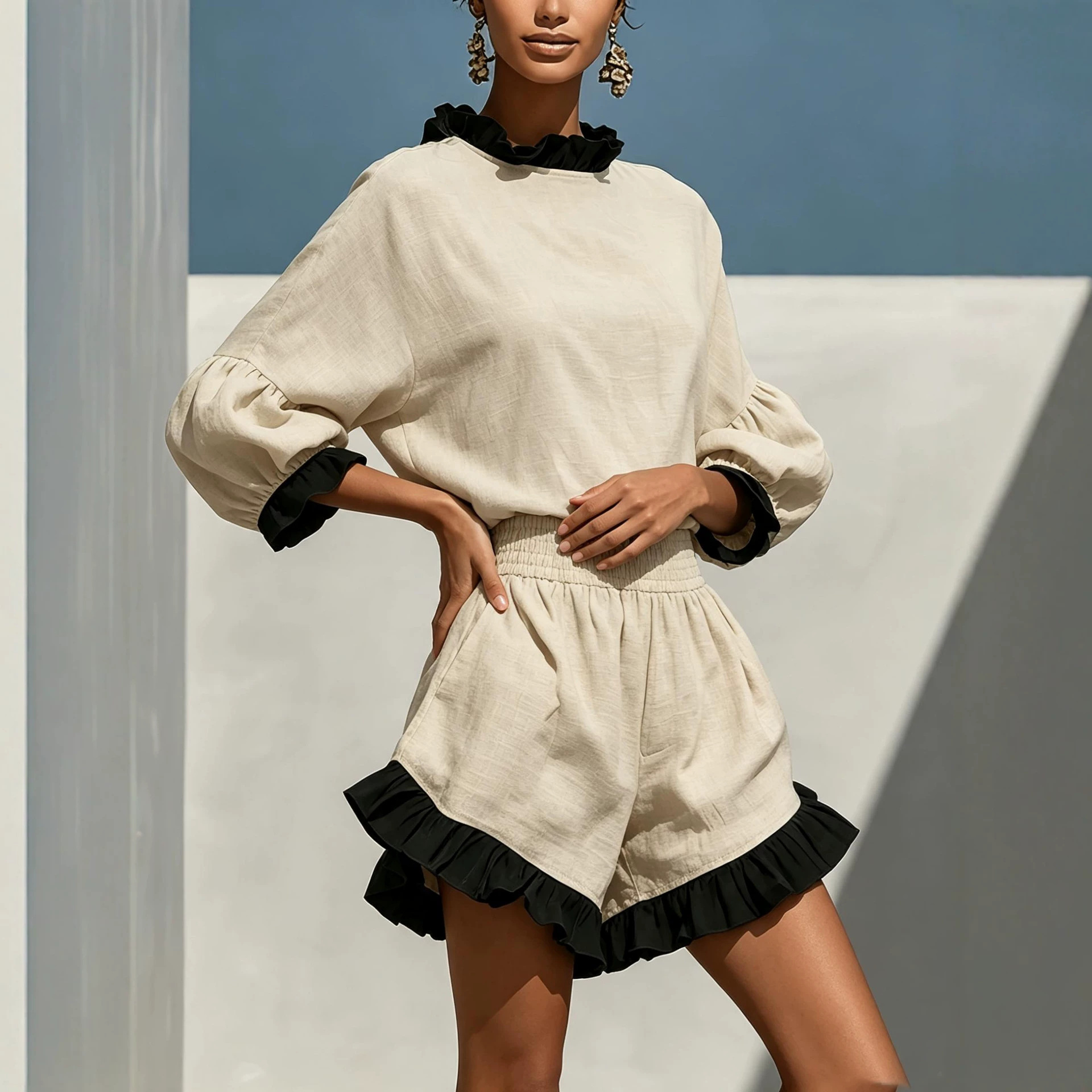 Color-Block Ruffle Linen Two-Piece Set with Lantern-Sleeve Top and High-Waist Pocket Shorts