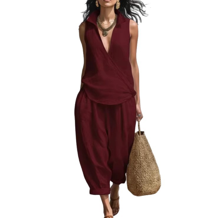 Women's Simple Lapel Shirt and Wide-Leg Pants Linen Two-Piece Set