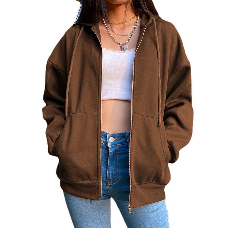 Women's Fleece-Lined Hooded Zip-Up Sweatshirt Long Sleeve Solid Color