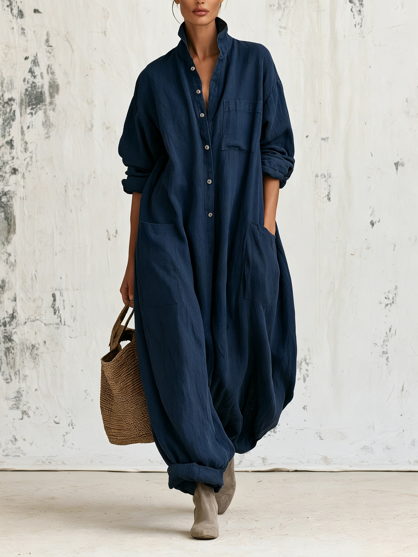 Linen Long Sleeve Jumpsuit with Stand Collar, Button Front, Cargo Pockets, Wide Leg