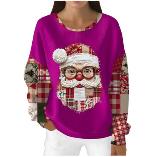 Women's Christmas Santa Plaid Print Sweatshirt with Cartoon Glasses