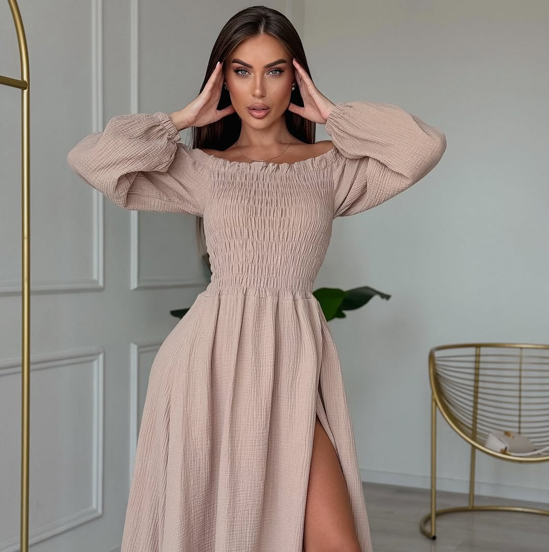 Off-Shoulder Ruched Long-Sleeve Dress with Waist-Cinching Slimming Fit