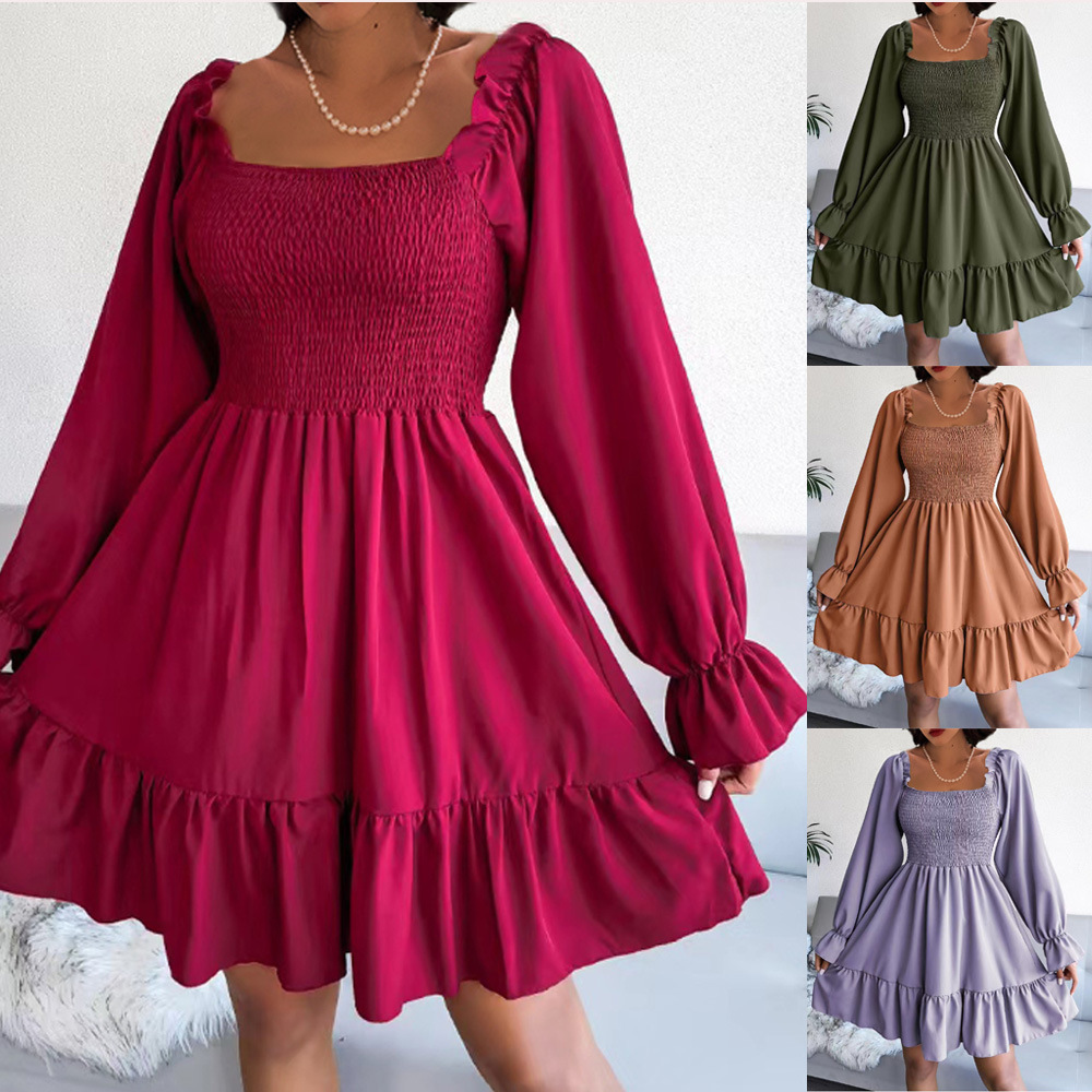 Square Neck Bell Sleeve Ruffle A-Line Midi Dress