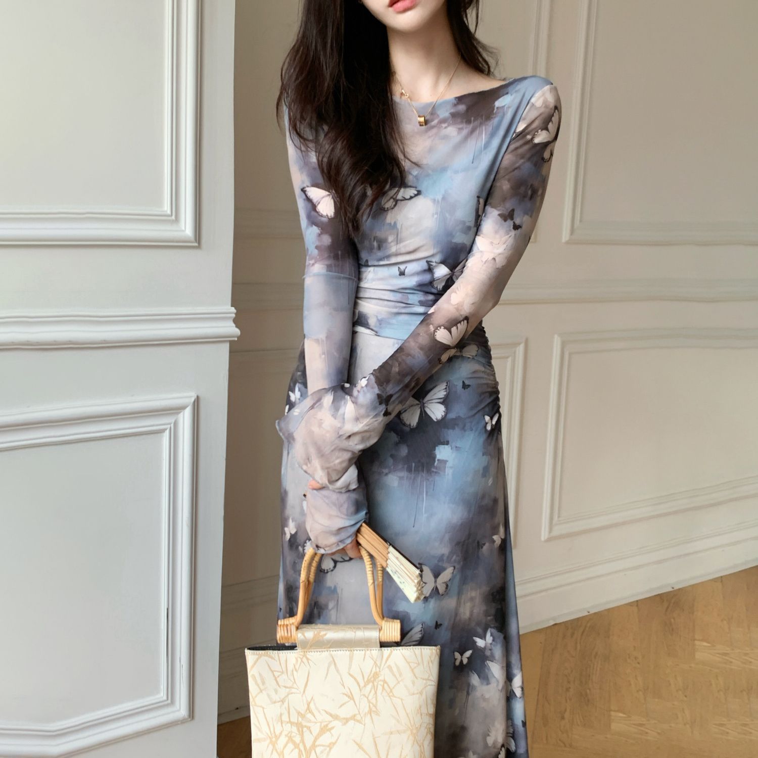 Long Sleeve Ink Butterfly Print Mesh Bodycon Midi Dress