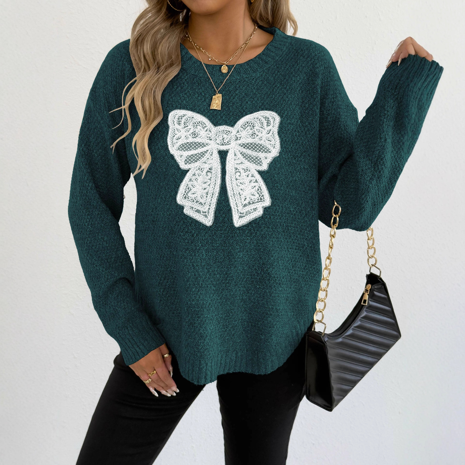 Crewneck Pullover Sweater with Embroidered Lace Butterfly Applique