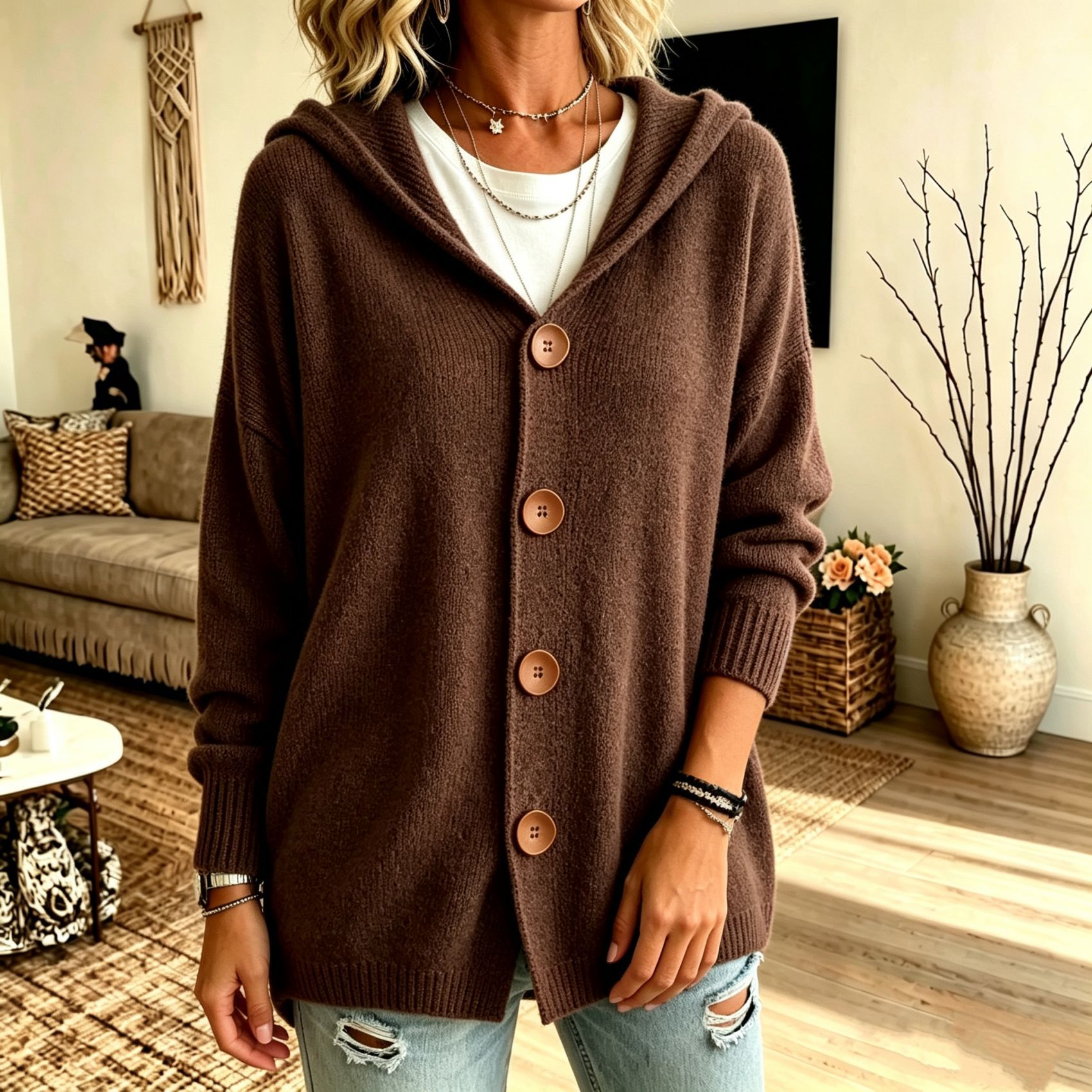 Button-Up Knit Hooded Cardigan Sweater Jacket Solid Casual Women's