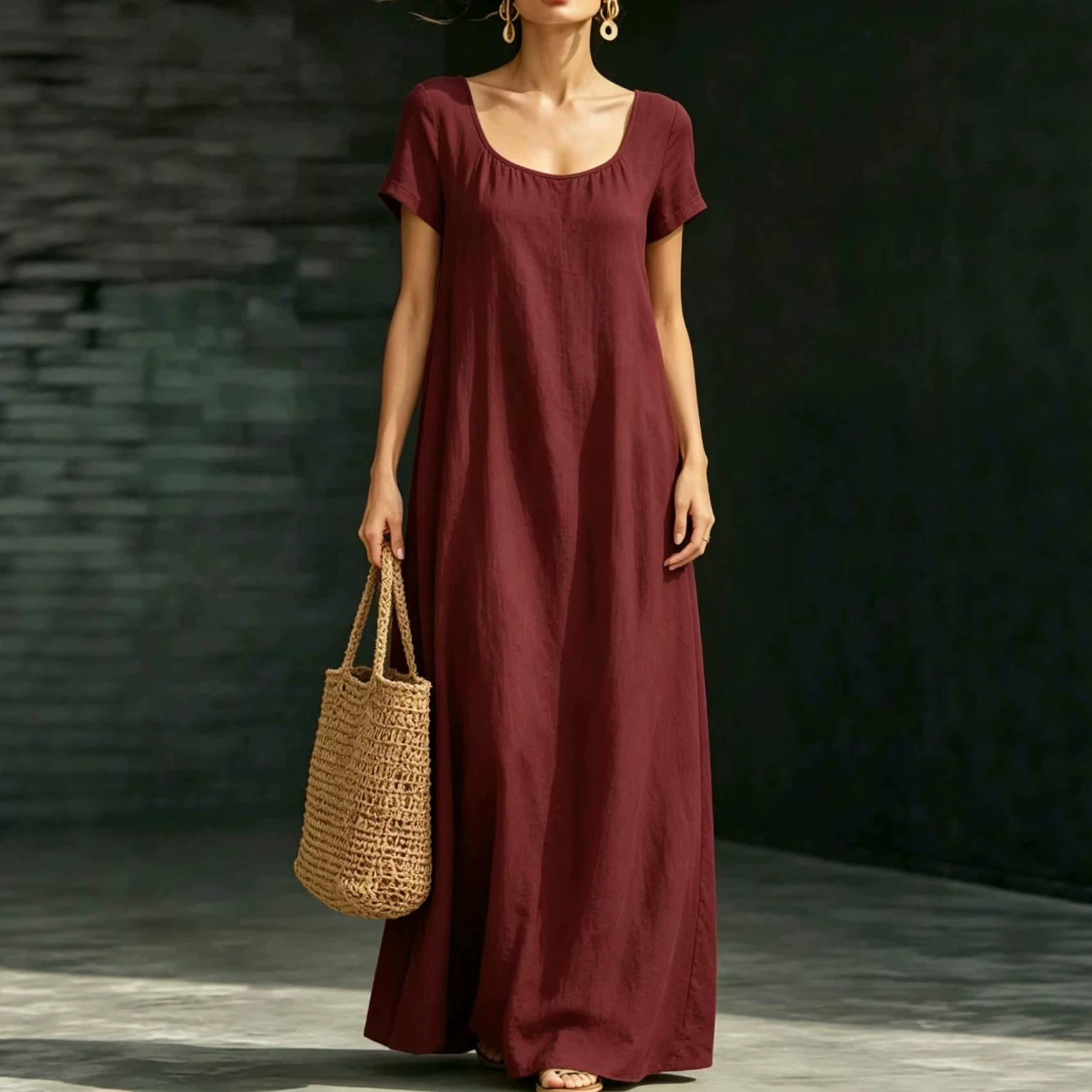 Summer U-Neck Short Sleeve Loose Fit Maxi Dress Solid Casual