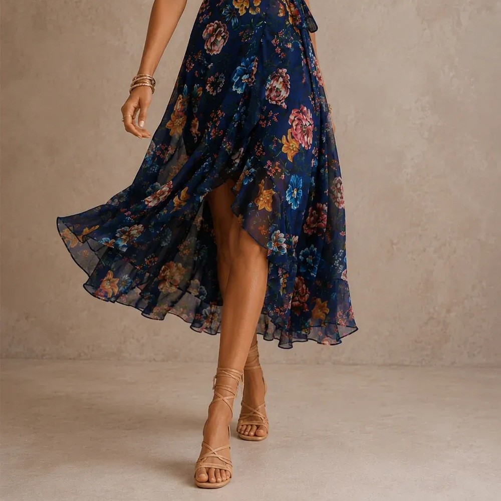 V-Neck Irregular 3D Digital Print Maxi Dress