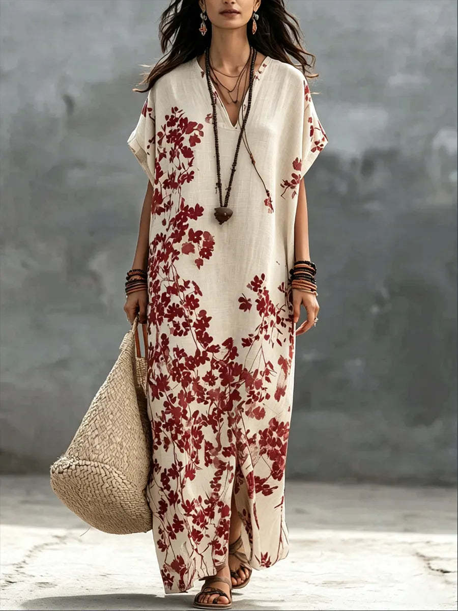 V-Neck Floral Print Short Sleeve Slit Maxi Dress