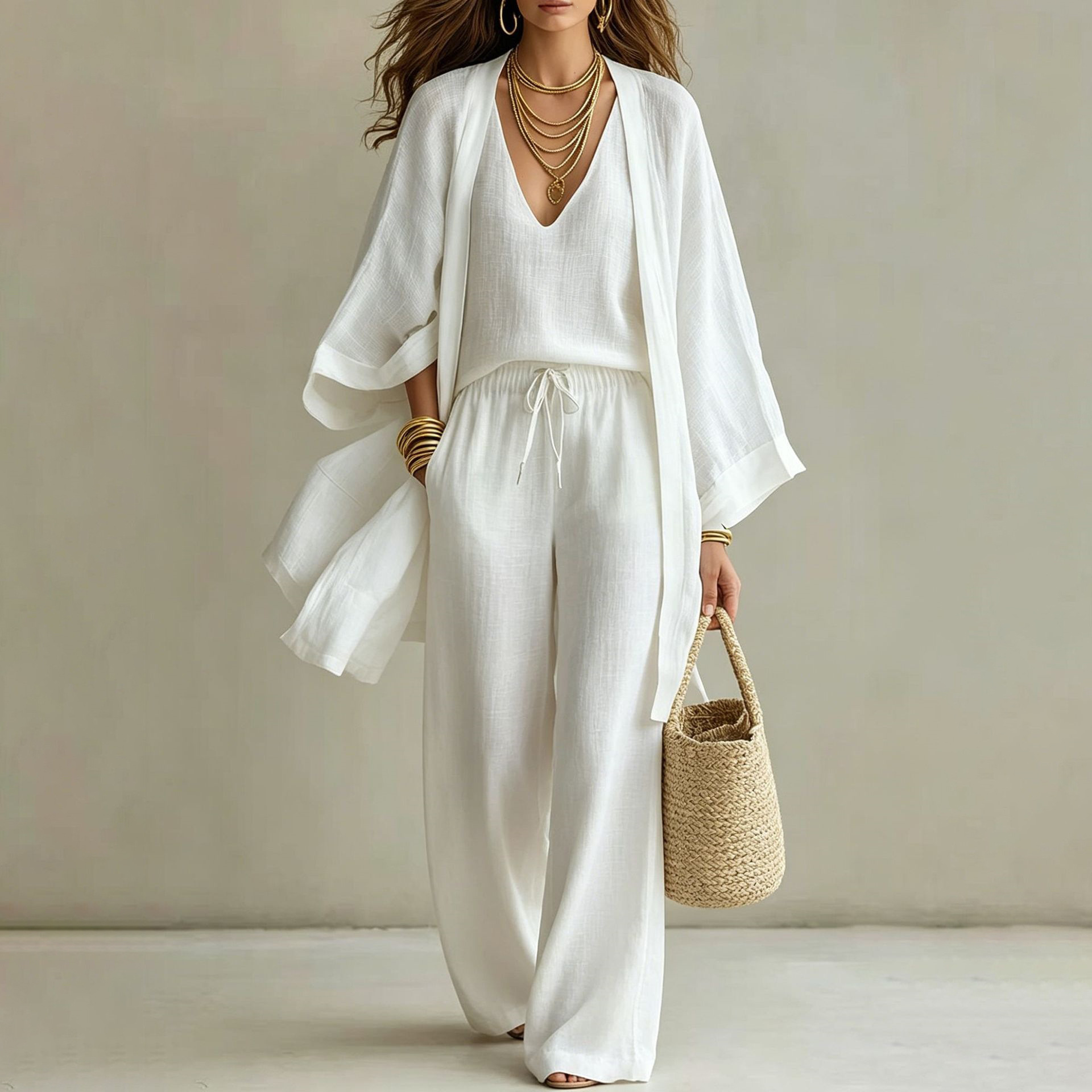 Women's 3-Piece Lounge Set: Open-Front Cardigan, Sleeveless V-Neck Vest & Wide-Leg Pants