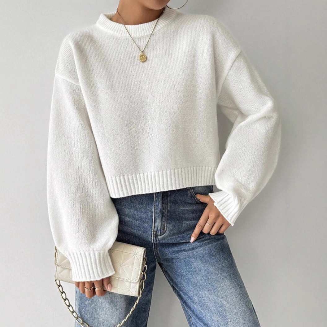Women's Thick Short Crewneck Solid Color Sweater