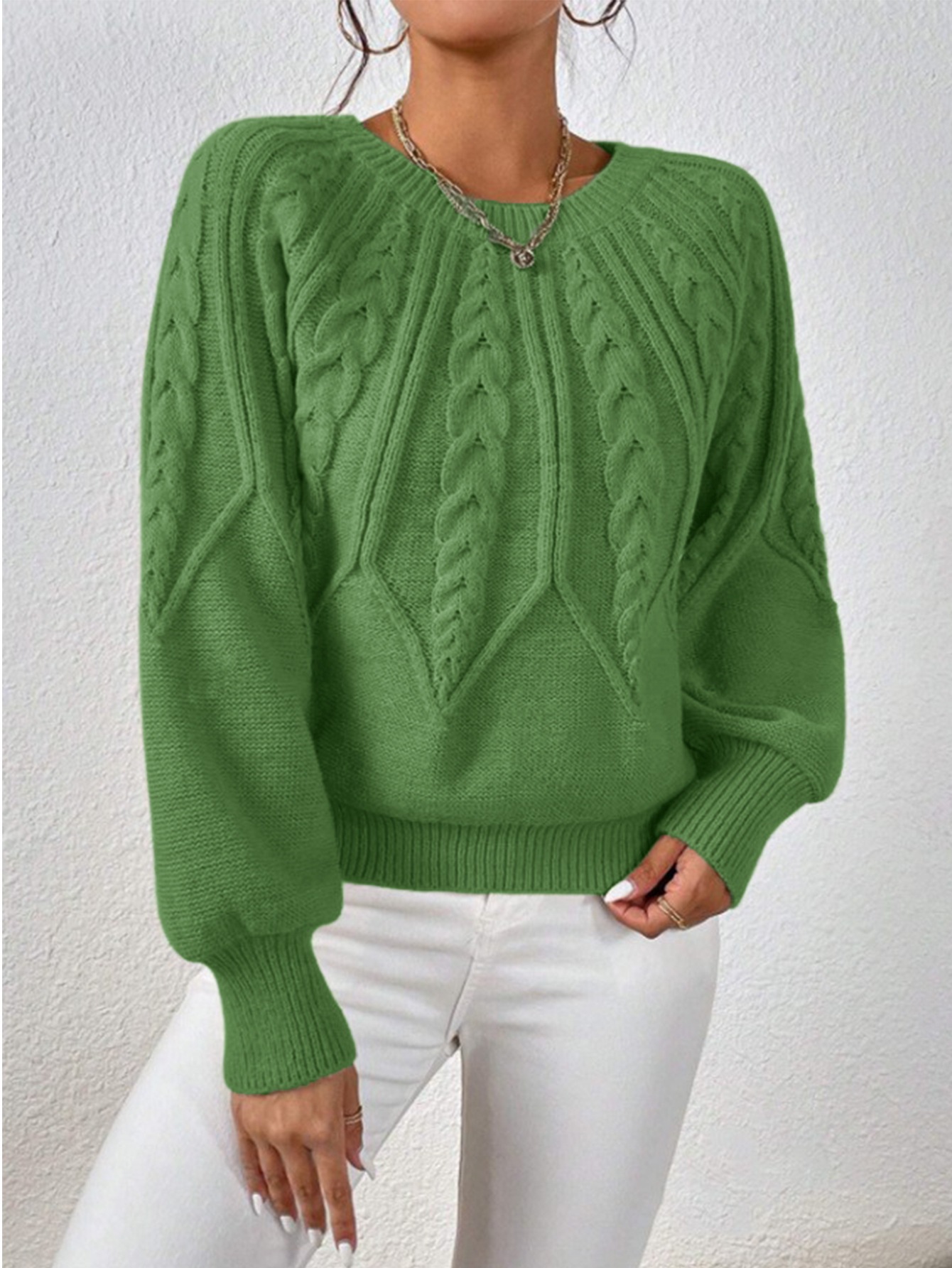 Women's Cable Knit Crewneck Pullover Sweater Solid Color Casual Top