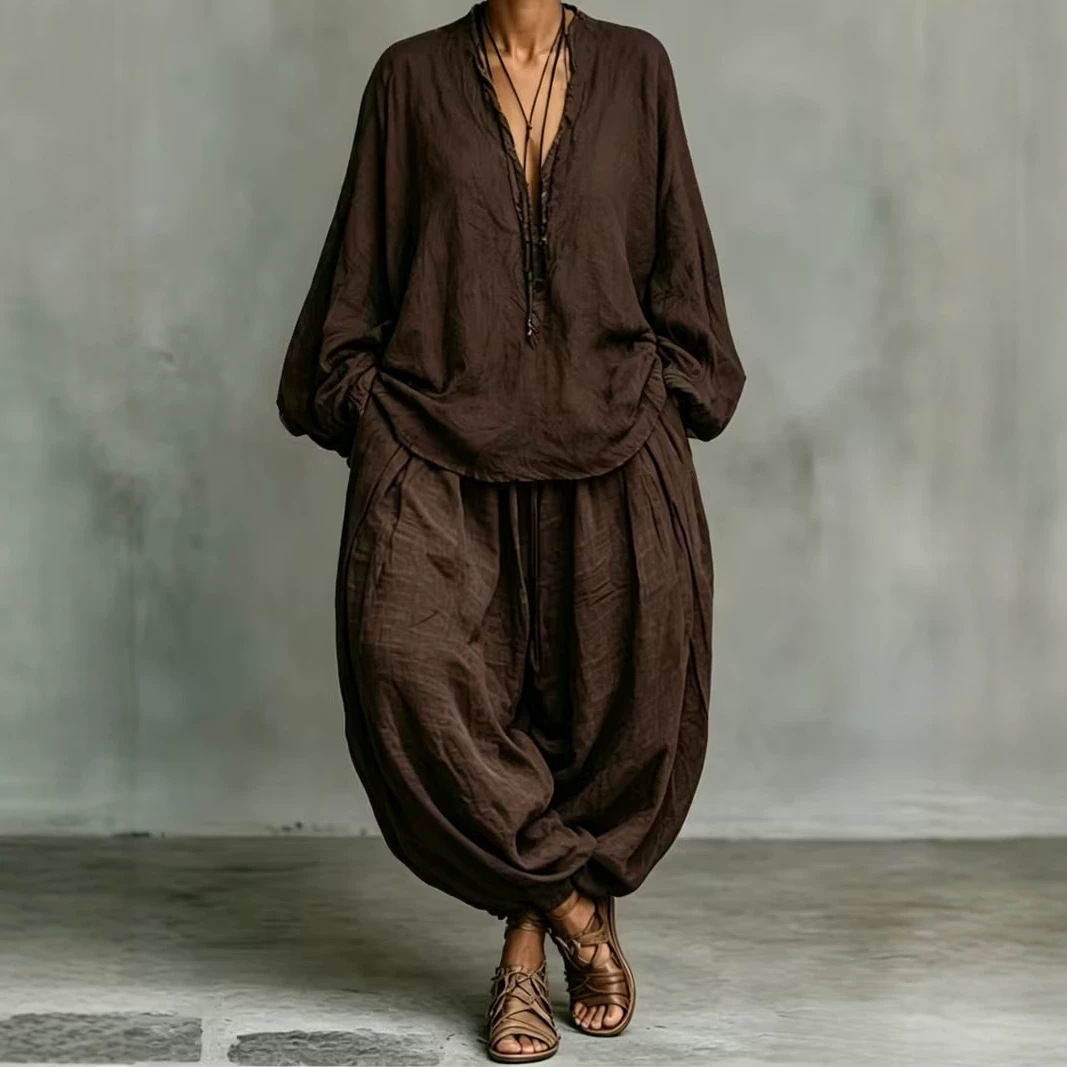 Retro V-Neck Lantern Sleeve Top and Pants Two-Piece Set