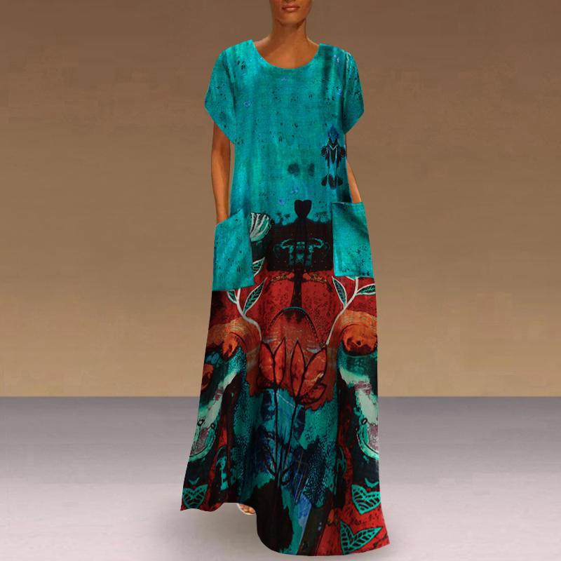 Women's Summer Short Sleeve Printed Casual Long Dress