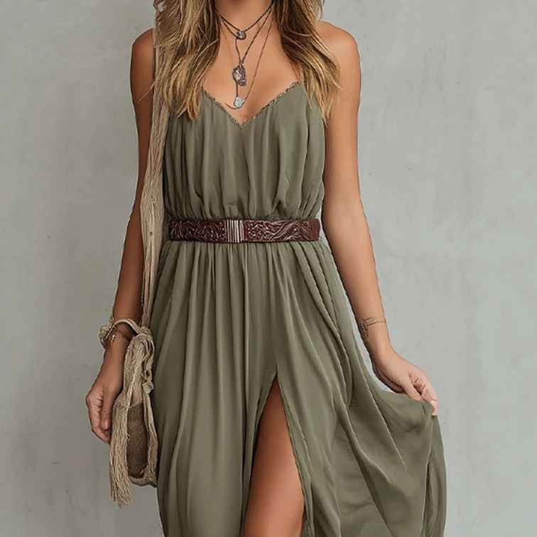 Retro V-Neck Sleeveless Chiffon Maxi Dress with Slit