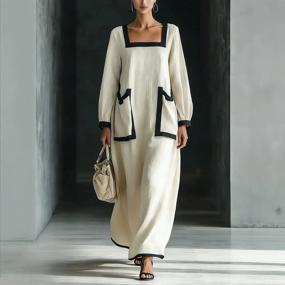 Square Neck Colorblock Trim Cotton-Linen Maxi Dress with Lantern Sleeves and Pockets