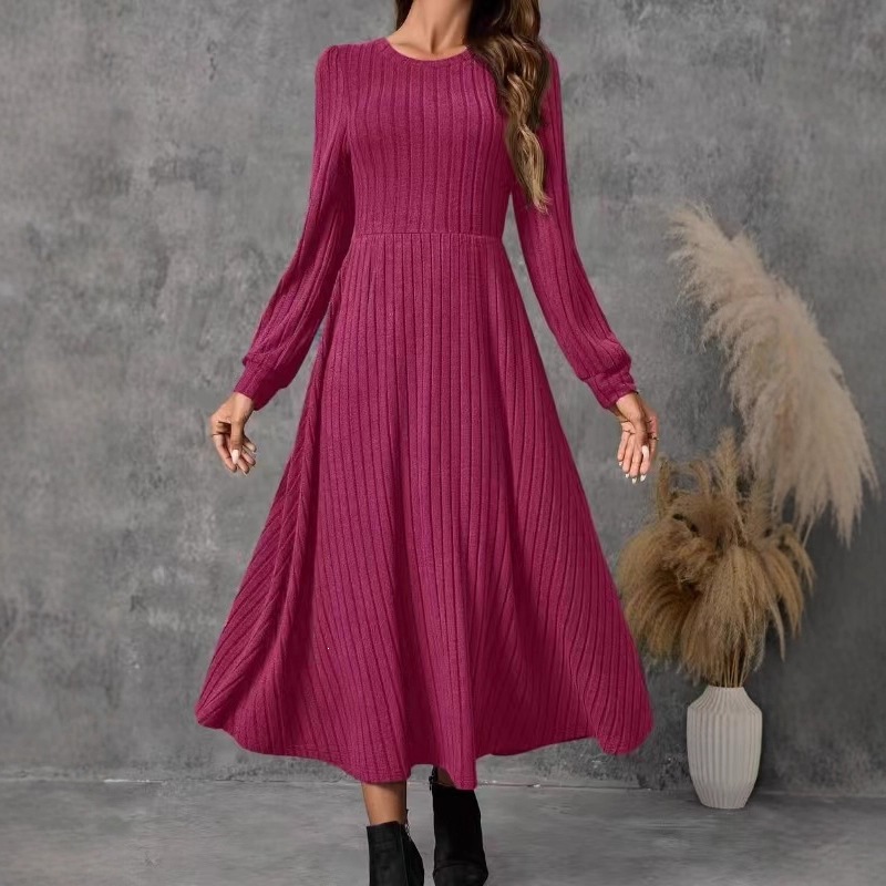 Women's Long Sleeve Crew Neck A-Line Knit Dress Solid Color