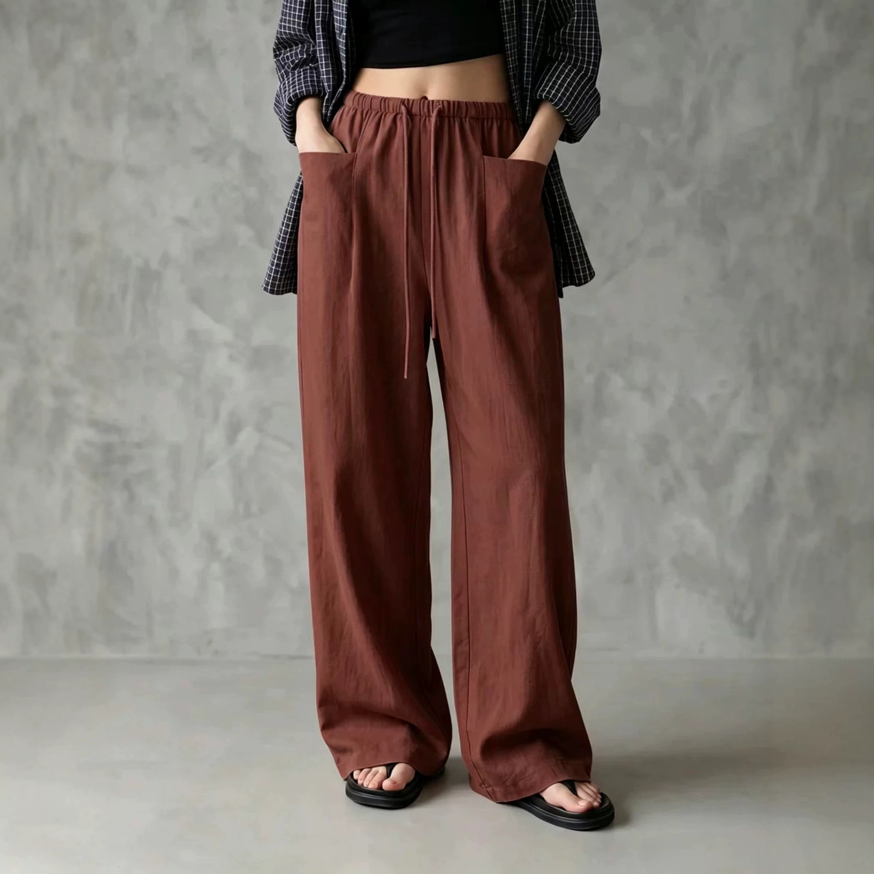 Women's Solid Color Wide-Leg High-Waist Loose Tie Casual Pants