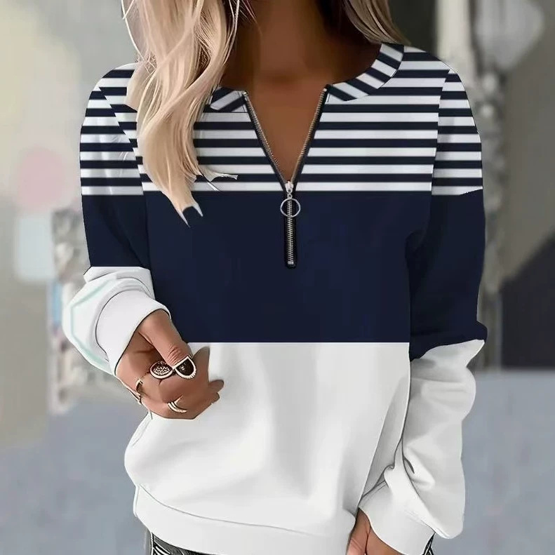 Women's Half-Zip Colorblock Striped Long-Sleeve Sweatshirt